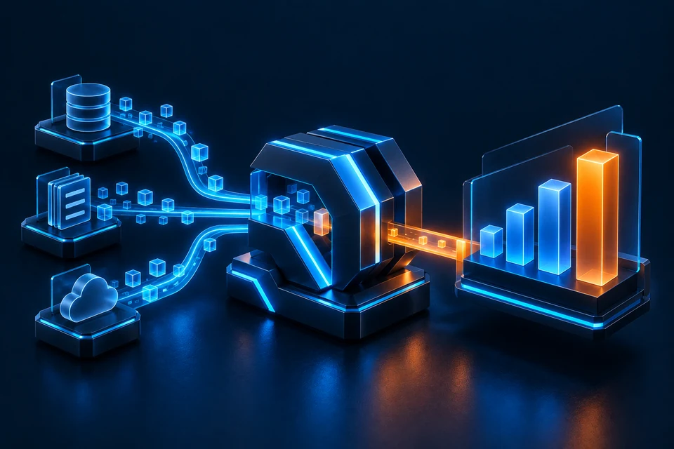 Datos de varias fuentes pasan por un procesador y se convierten en un panel de indicadores.