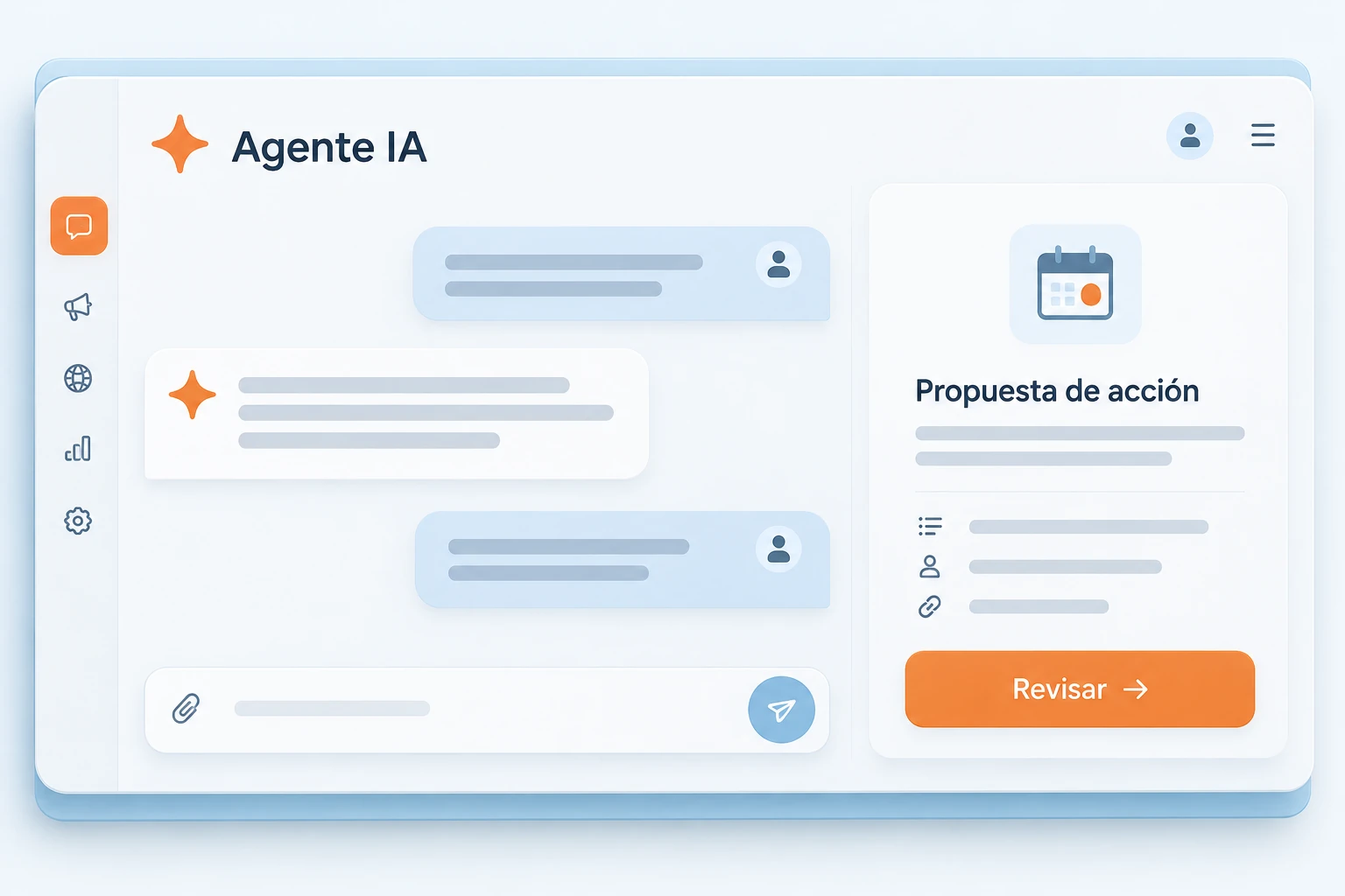Interfaz conceptual de un agente con conversación y una propuesta de tarea pendiente de revisión.