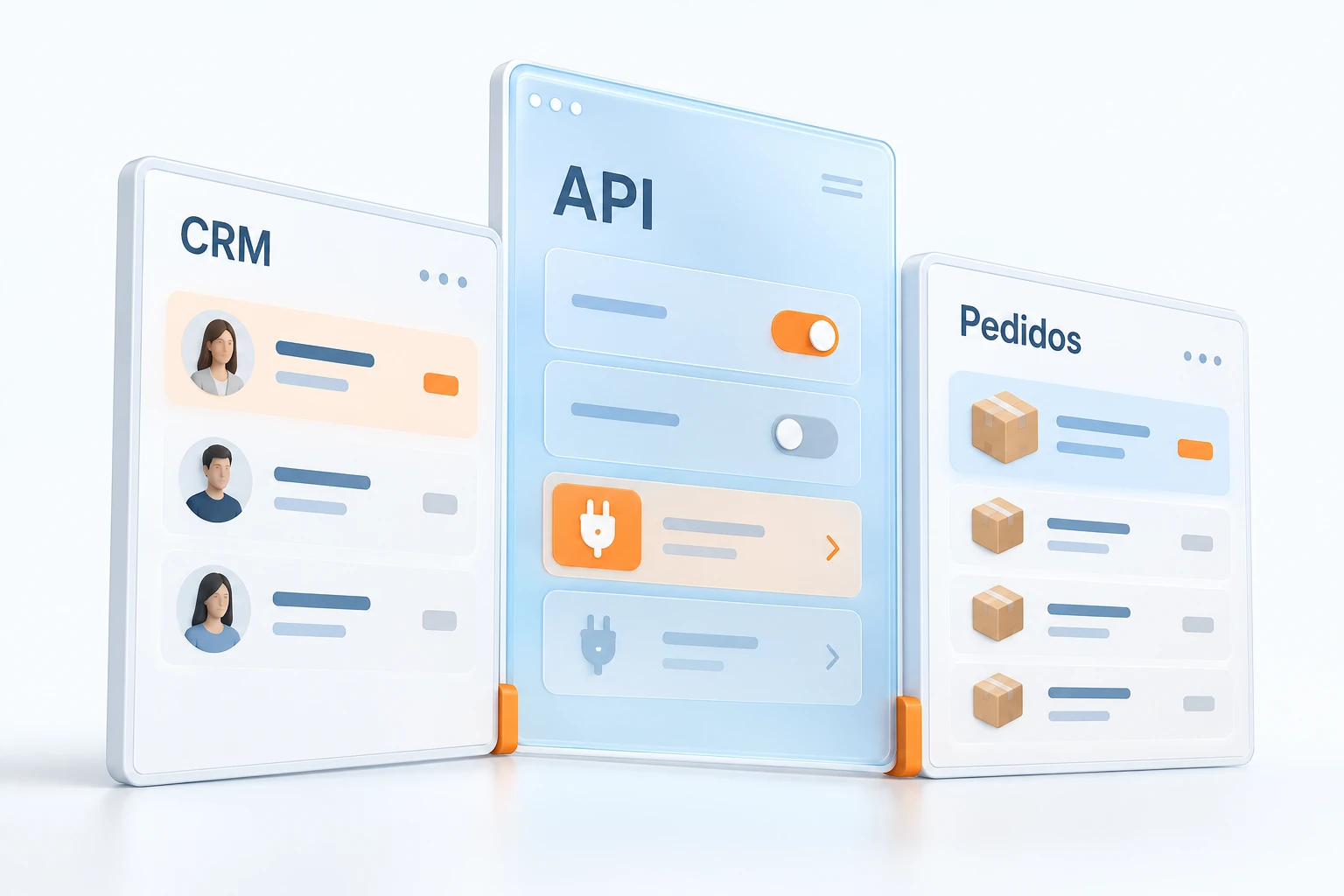 Visualización conceptual de módulos de CRM, pedidos y gestión conectados mediante una integración.